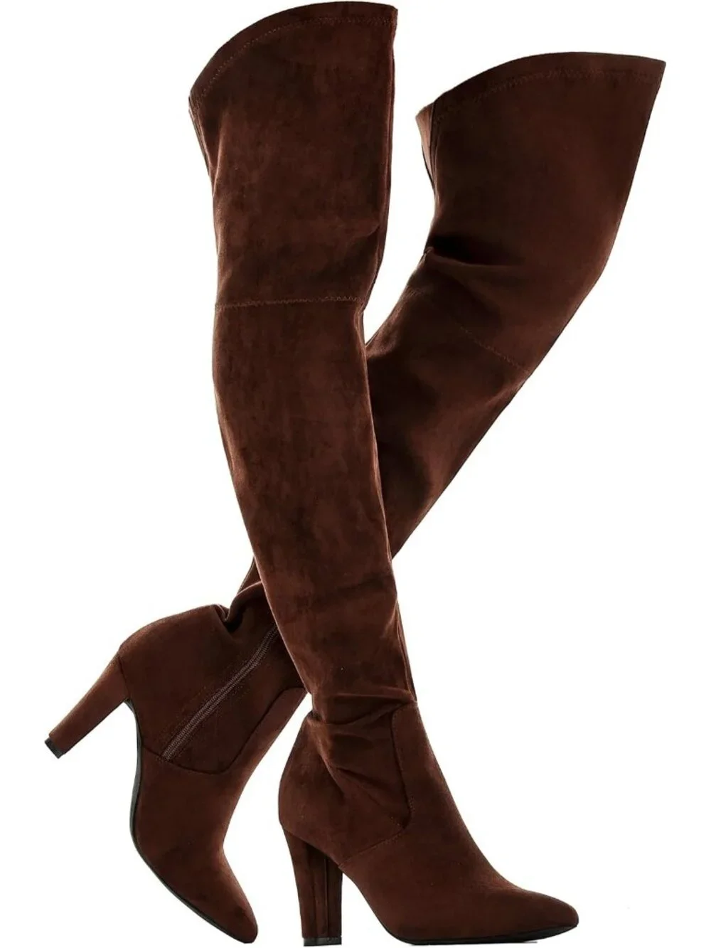 Women's Chocolate Brown Stretch Suede Chunky Heel Over The Knee Thigh High Boots